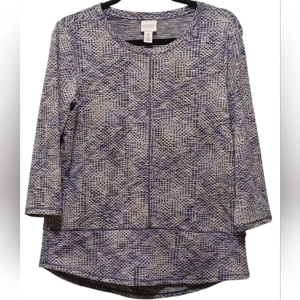 Chico's -Blue Print 3/4 Sleeve, Round Neck  Geometric Pattern Blouse, Size 0 - Picture 2 of 10